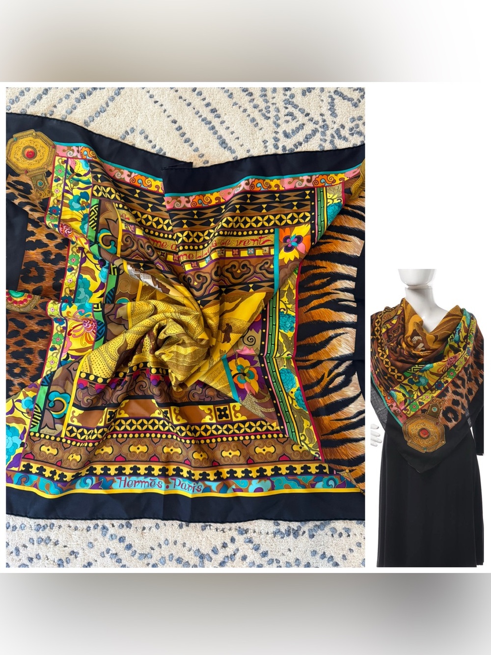 Hermes Scarf La Femme aux Semelles de Vent Silk 90 cm black Carre wind ship 35"